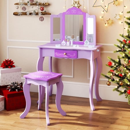 INFANS Kids Vanity 2 in 1 Wooden Princess Makeup Table and Stool Set with Tri-Folding Detachable Mirror 10 Accessories Toddler Pretend Beauty Dressing Play for Girls Aged 3+