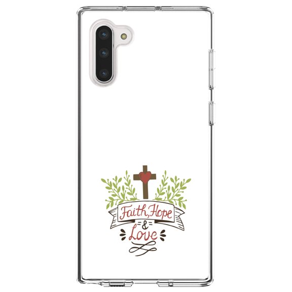 DistinctInk Clear Shockproof Hybrid Case for Samsung Galaxy Note 10 (6.3" Screen) - TPU Bumper, Acrylic Back, Tempered Glass Screen Protector - Faith, Hope & Love - Cross & Leaves
