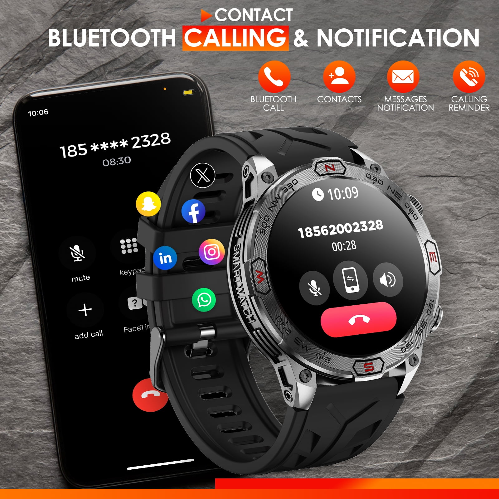 XAXRE Military Smartwatches for Men(Answer/Make Call), 1.43'' AMOLED Touch Screen Rugged Smartwatch with LED Flashlight Compass Altitude, 1ATM Waterproof Outdoor Sport Smart Watch for Android iOS