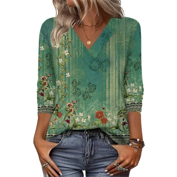 HLKJKLS Long Sleeve Shirts For Women Long Sleeve V Neck Casual Basic Tee Trendy Fall Loose Fit Green S-3Xl