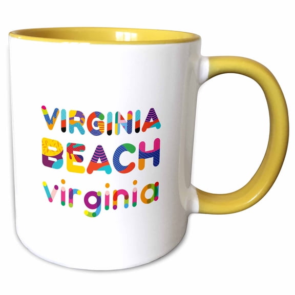 3drose, Popular American Beaches. Virginia Beach, Virginia Colorful Text Art, 11oz Two-tone Yellow Mug