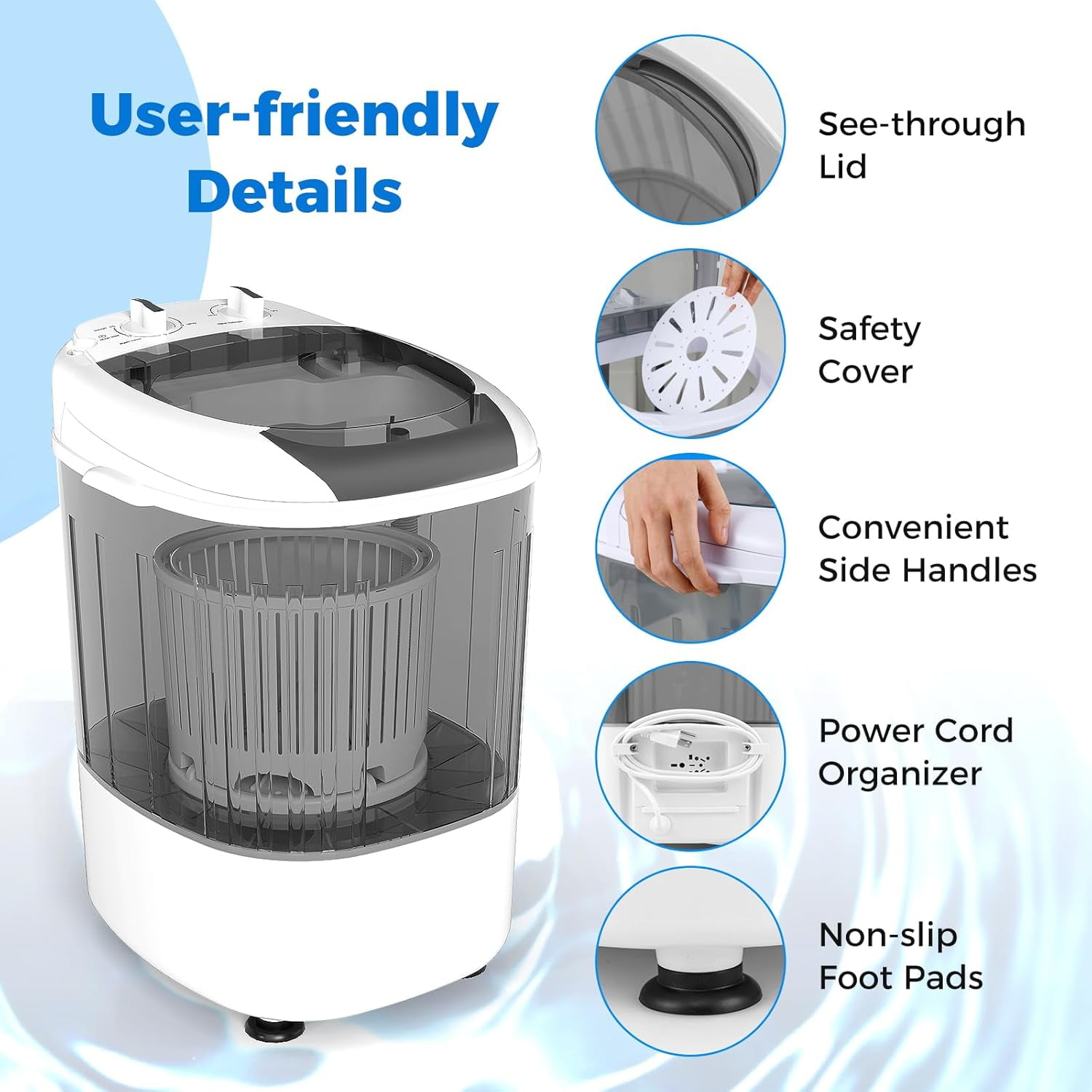 Mini Portable Washing Machine, 5.5 lbs Capacity, Compact Laundry Washer with Spin Tub & Drain Hose, Perfect for Apartment Dorms RV Home (Grey)