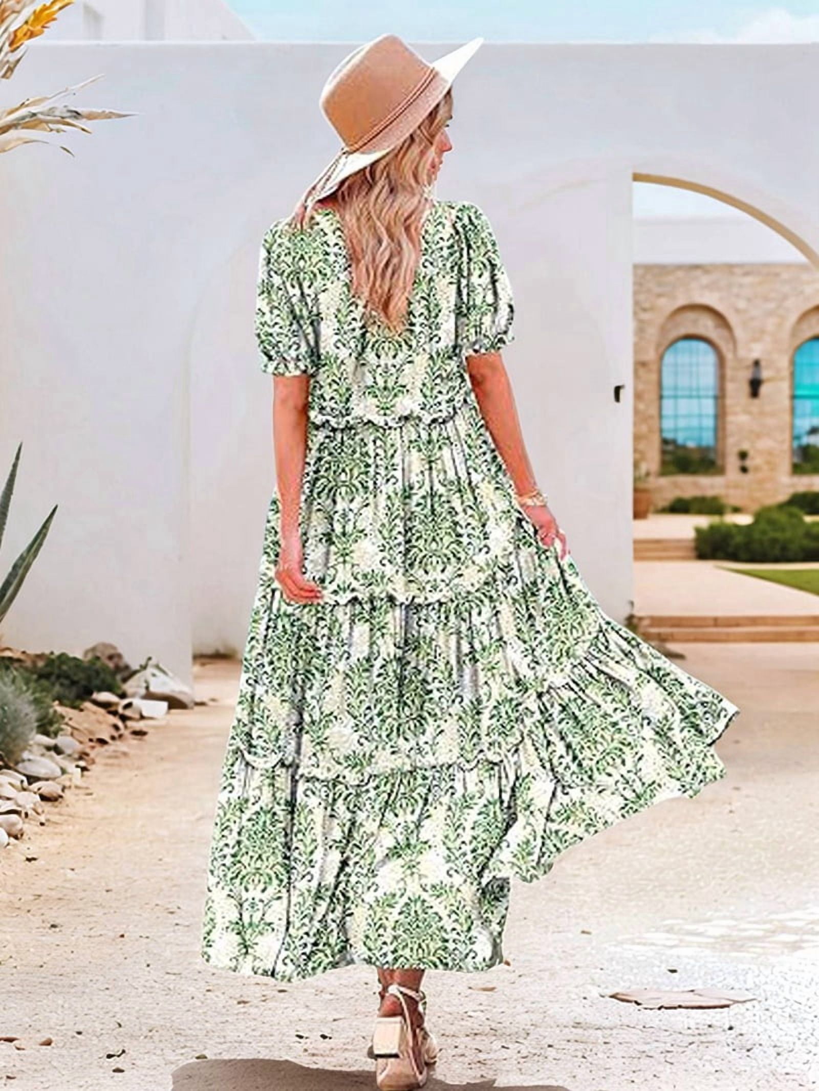 Summer Casual Bohemian Floral Dresses for Women Puff Short Sleeve Long Maxi Dress with Pockets Green L
