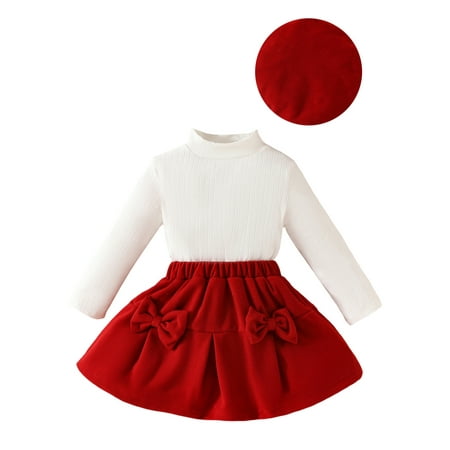 

CocMouse Little Girl Fall Outfit Mock Neck Ribbed Tops Bow Skirt Beret Hat