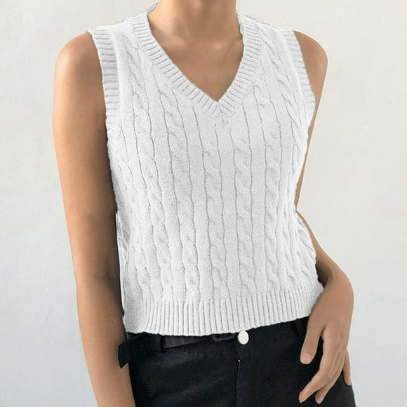Ersazi Womens Fashion Tank Tops on Clearance Women's Knitted V-Neck Vest Sleeveless Pullover Uniform Cropped Sweater White M