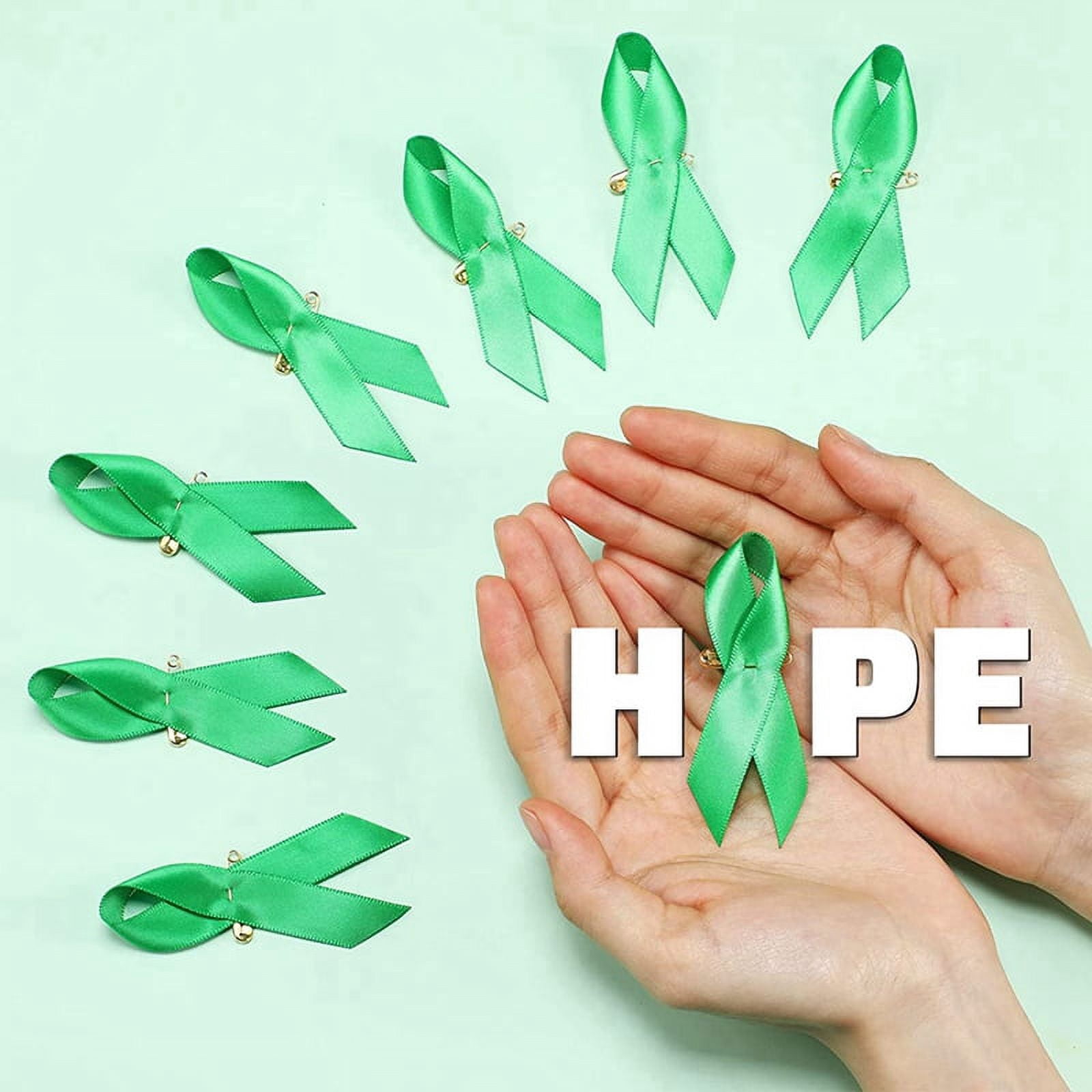400 Pieces Awareness Ribbon Satin Ribbon Lapel Pins Fabric Ribbons with Pins for Women Men (Green)