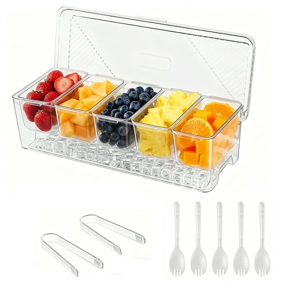 1pack Ice Chilled Condiment Caddy,Stackable Chilled Condiment Containers,Serving Platters with Lid and 5 Removable Compartments