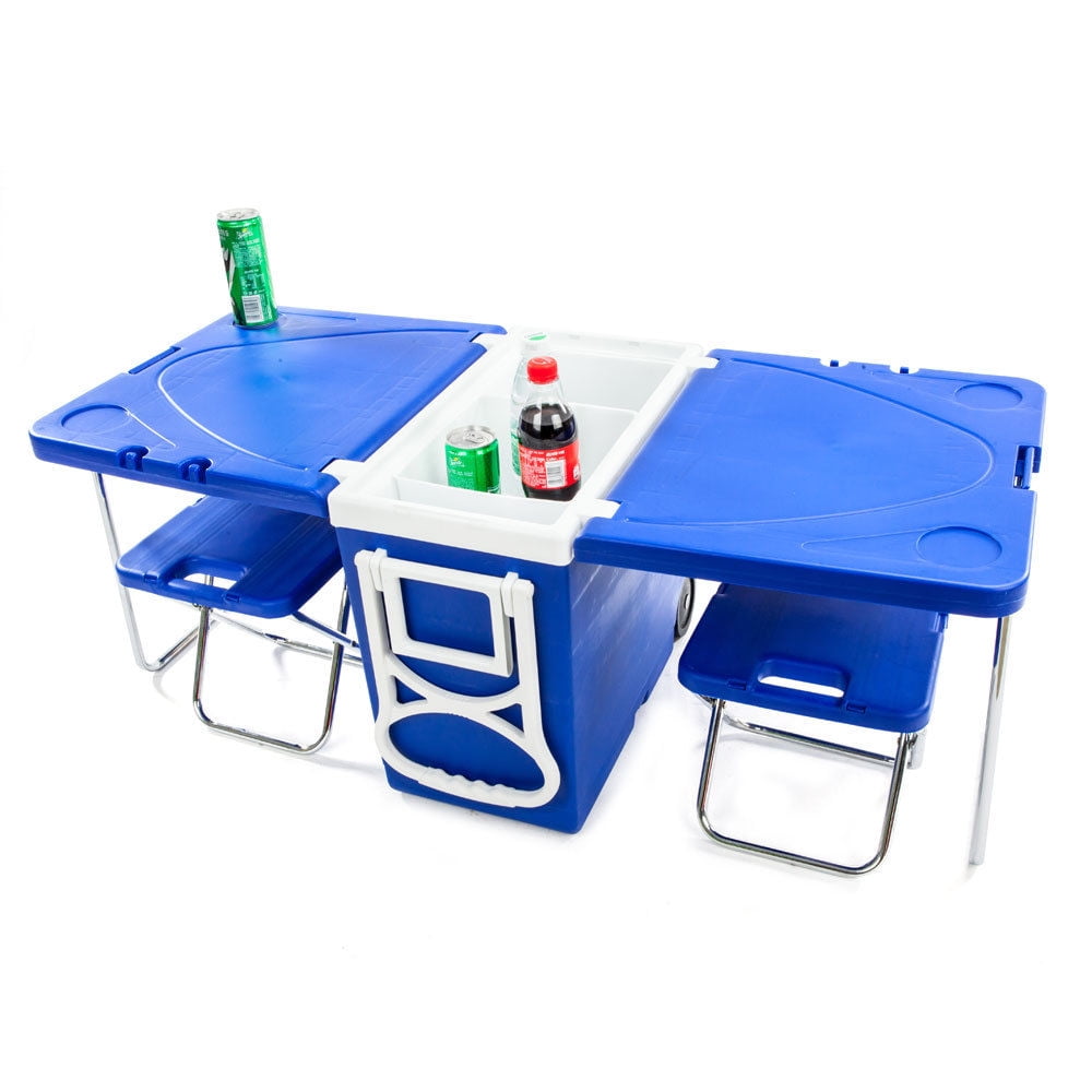 Multi Function Rolling Cooler Picnic Camping Outdoor w//Table /& 2 Chairs Blue