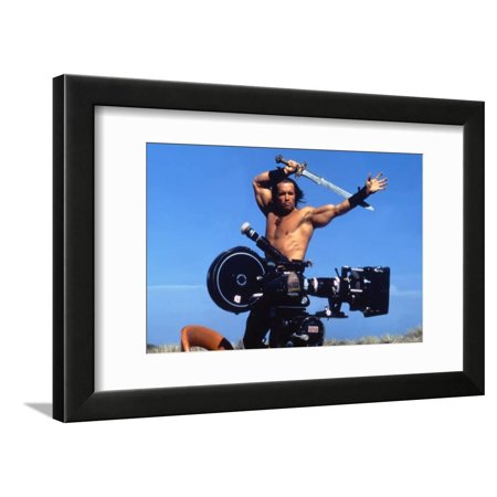 Conan the Barbarian 1982 Directed by John Milius on the Set, Arnold Schwarzenegger. Framed Print Wall Art