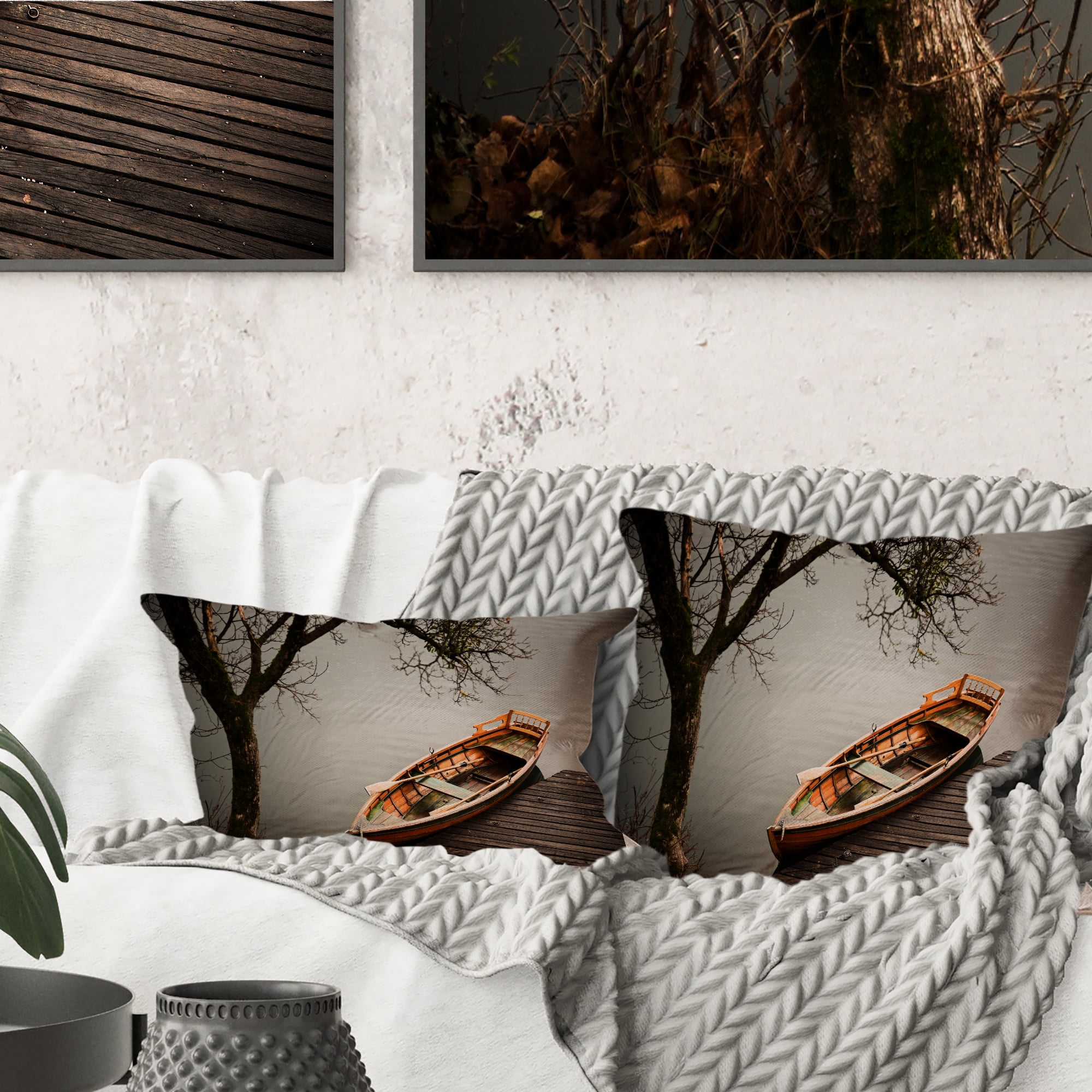 Designart Little Rowing Boat Ferry - Boat Throw Pillow - 16x16