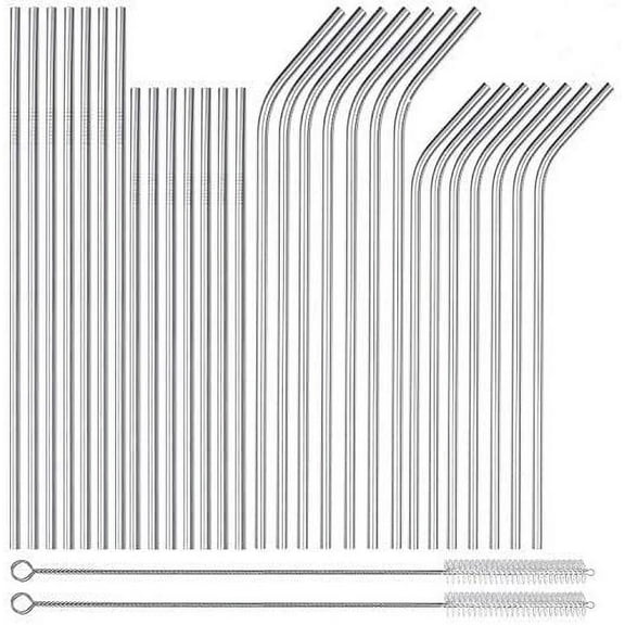 30 PCS Extra Long 10.5, 8.5 inch Value Pack Reusable Stainless Steel Straws Combinations, Metal Straw Sets with 2 Cleaning Brushes, 14 Straight 14 Bent For Tumblers Beverage Drinks Cocktail