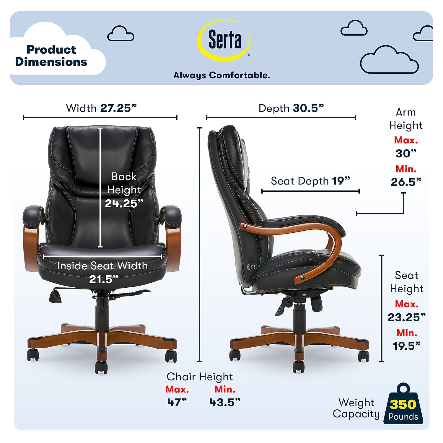 Serta Conway Big and Tall Executive Office Chair - Ergonomic Lumbar Support, Bonded Leather, Padded Armrests, High Back Computer Desk Chair, Black