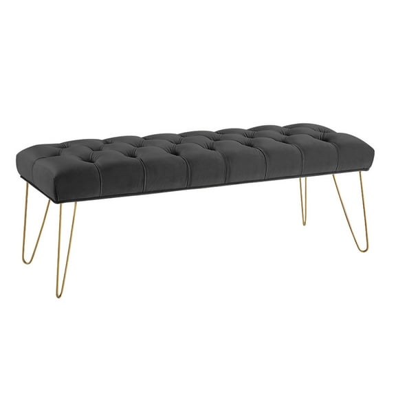 Hi-Line Gifts 3.75' Midnight Black Velvet Button Tufted Bench With Gold Capped Legs