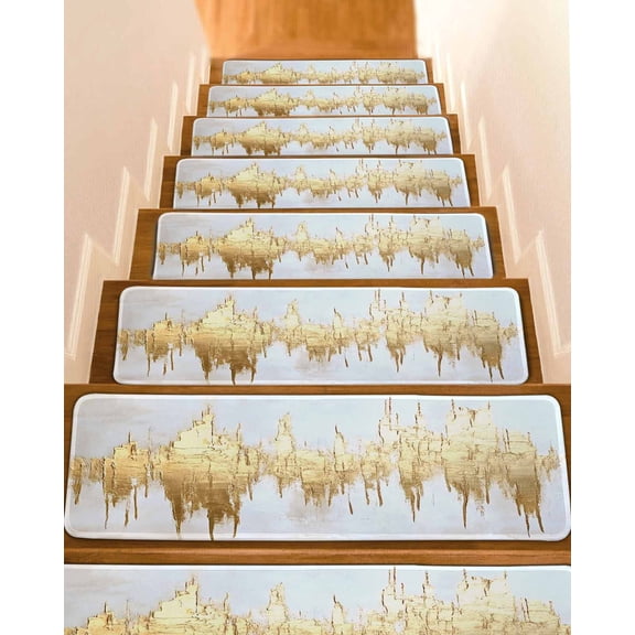 Abstract Gold Stair Treads for Wooden Steps Indoor Runner Rug Carpet, Modern Minimalist Art White Gray Ripple 4 Pieces Peel and Stick Staircase Step Treads Covers Washable Throw Door Mats, 30"x8"