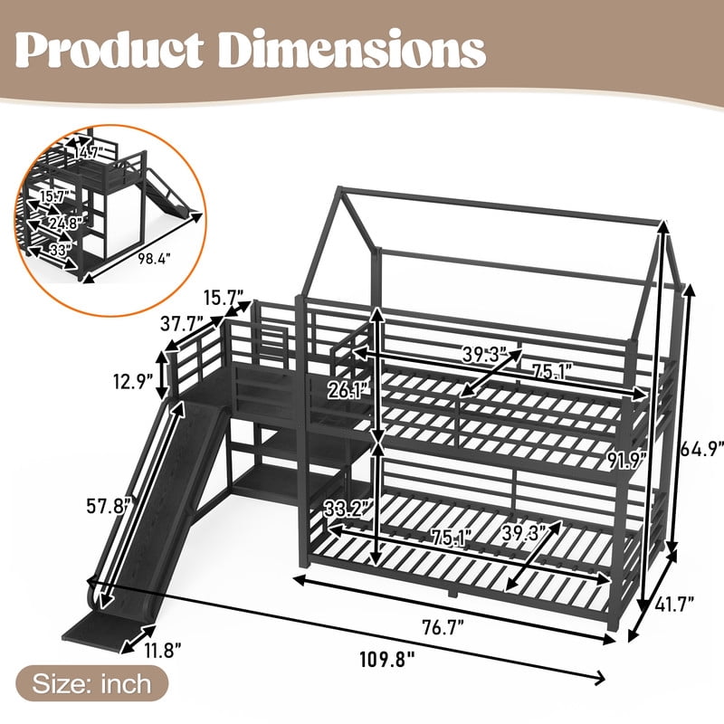 Twin-Over-Twin Metal House-Shaped Bed Frame with Multi-Functional Storage Stairs, Kids Bunk Bed with Slide