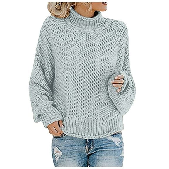 UJNDER Women's Autumn Winter Knitwear Thick Cable Turtleneck Sweater Warm Cozy Pullover Turtleneck Sweater Women Light Blue XXXXL