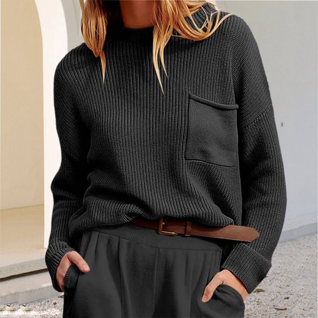 Sentmoon Chandails en Tricot Torsadé avec Poches Grande Taille Manches Longues Col Ras du Cou Chandails pour Femmes Poche Chandails d'Automne Confortables pour Femmes jusqu'à 50 % de Rabais Noir TTG