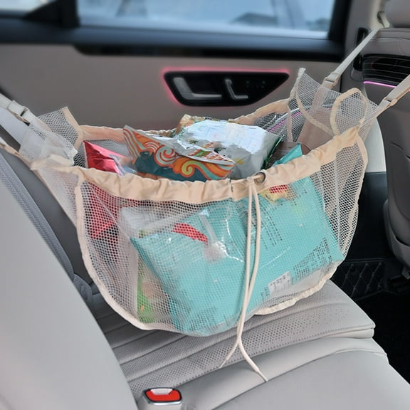 Car Organizer Mesh Bag, Purse Holder, Net Pocket, Automotive Console, Back Seat Pets Kids Barrier, Handbag Storage for Women, Beige