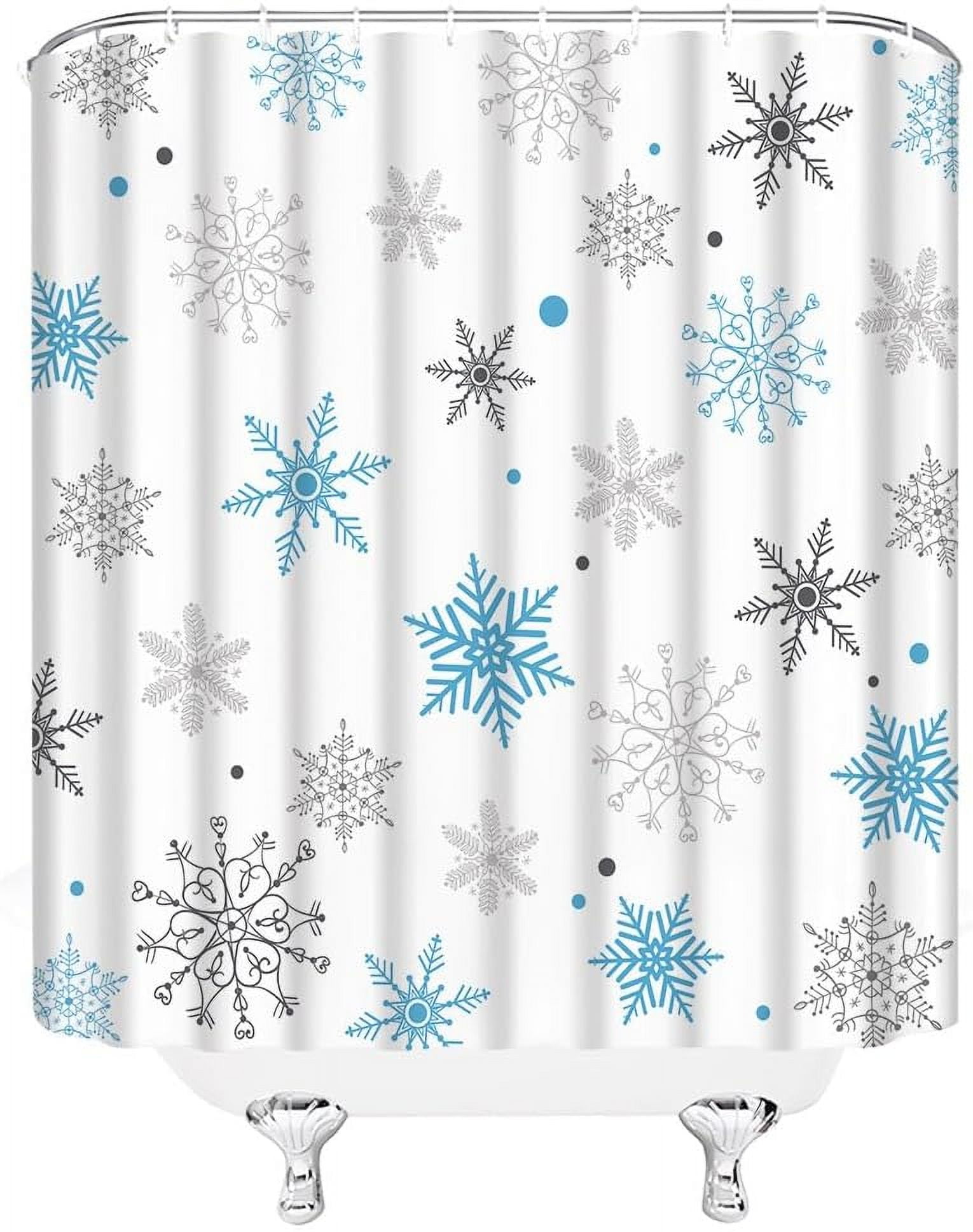 Christmas Snowflake Shower Curtain Winter Snowy Blue Gray Merry Christmas Holidy Fabric Bathroom Curtain Set with Hooks(70" WX70 H)