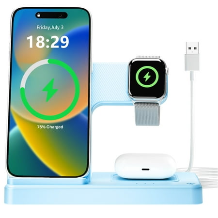 Wireless Charger for iPhone 3 in 1 Wireless Charging Station for iPhone 17 16 15 14 13 12 11 Pro Max Plus XS XR X 8 for iWatch 9 8 7 6 5 4 3 2 SE for AirPods 3 2 Pro Blue No Adapter