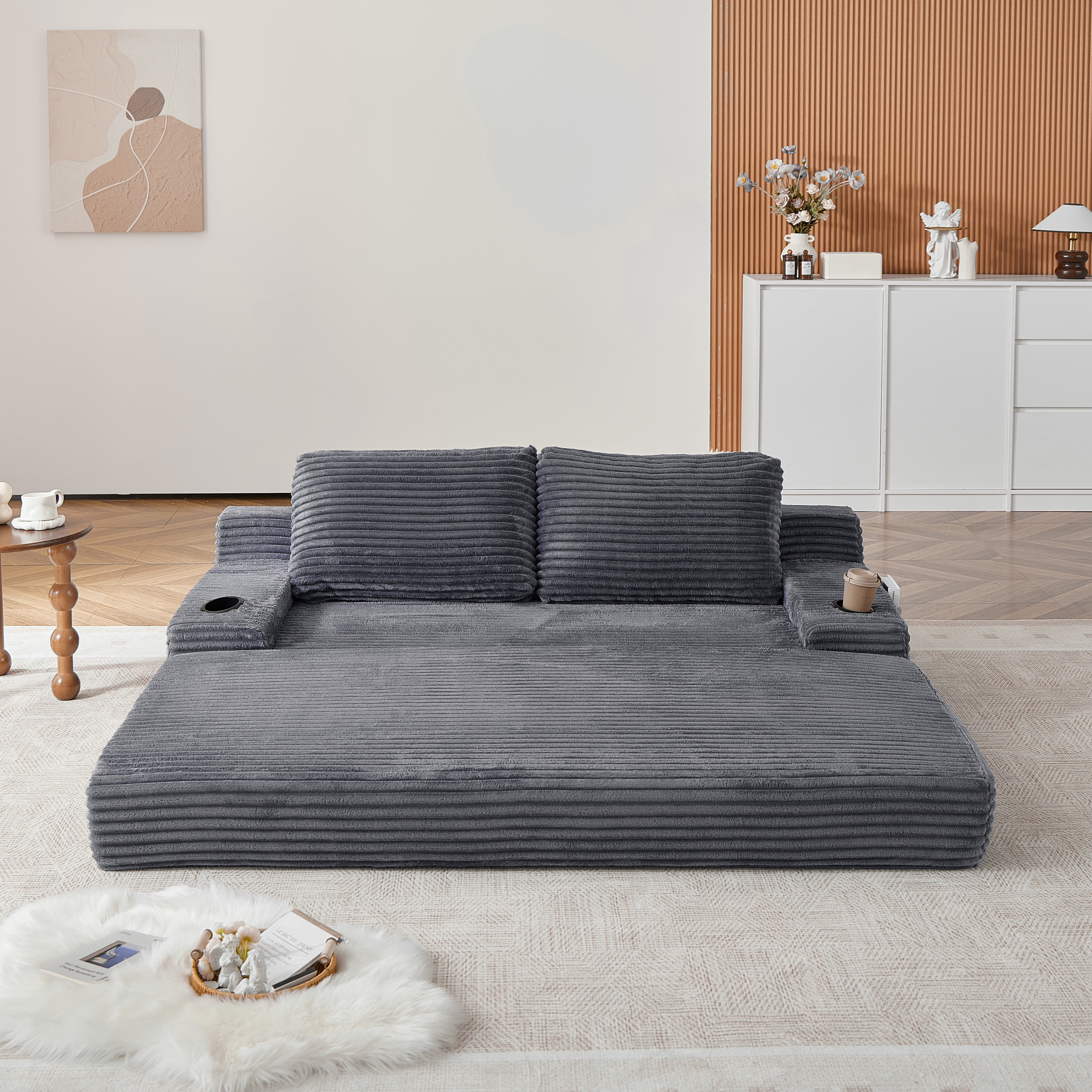 Leumius Futon Sofa Bed,Convertible Corduroy Boneless Couch with Cup Holders & Pocket,2-in-1 Foldable Sleeper Sofa for Living Room, Small Spaces, Bedroom, No Assembly,Gray