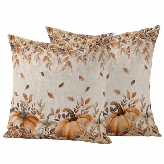 Orange Pumpkins Fall Outdoor Waterproof Pillow Covers, Thanksgiving Leaves Floral Rustic Decorative Square Throw Pillowcase Sofa Cushion Sham for Patio/Couch/Chair, 26"x26" 2 Pack