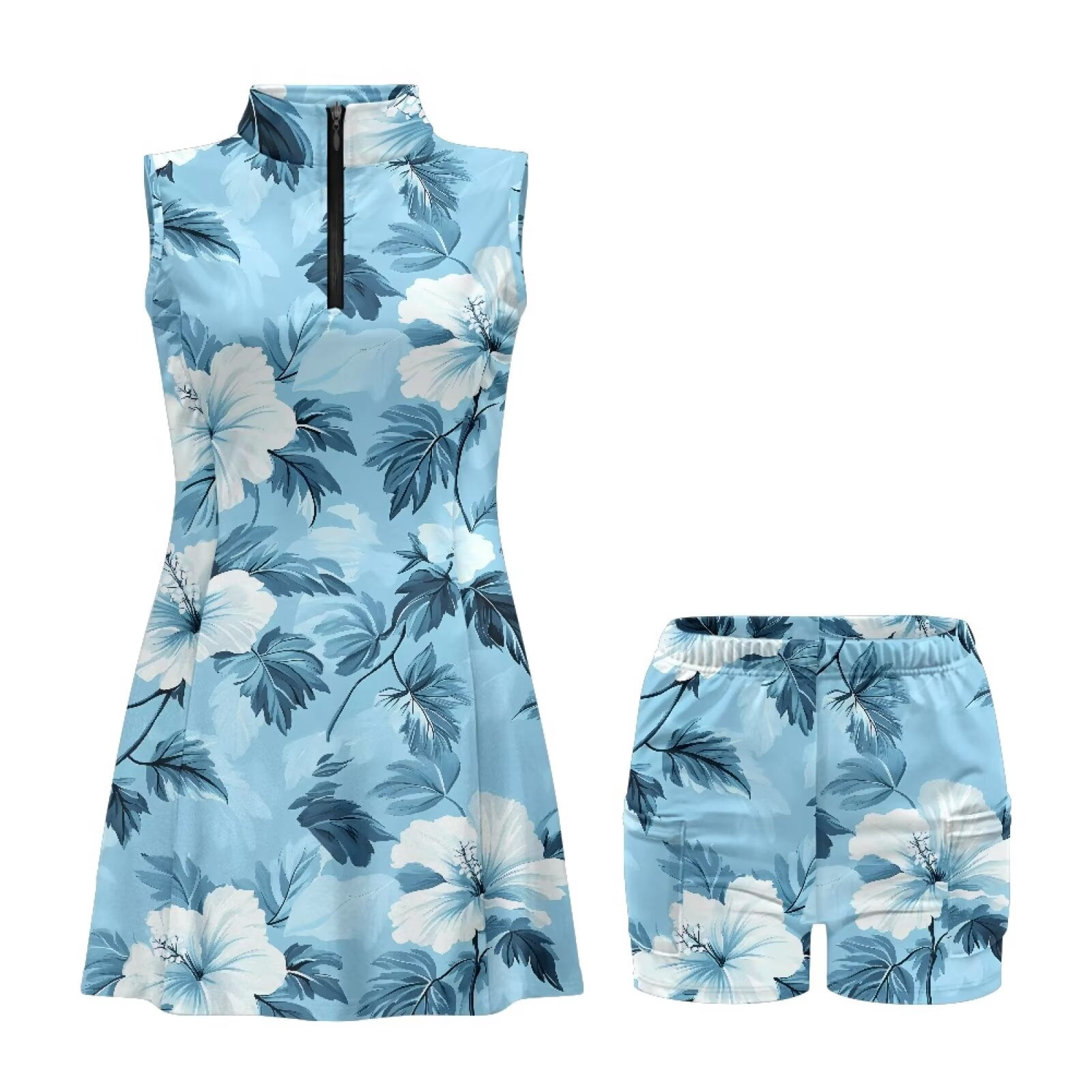 Yuyamidu Blue Hibiscus Flowers Womens Workout Golf Dresses Sleeveless Tennis Dress Build in Shorts with Pockets Tennis Dress for Women Quick Dry Golf Outfit Size 2XL