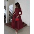 thumbnail image 5 of Burgundy Long Sleeve Pleated Midi Dress, Elegant A-Line Swing Party Formal, 5 of 10