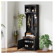 Hall Tree with Shoe Storage, Coat Rack Bench Entryway Organizer - 3-in-1 Farmhouse Style, 5 Hooks, Black Wood Grain