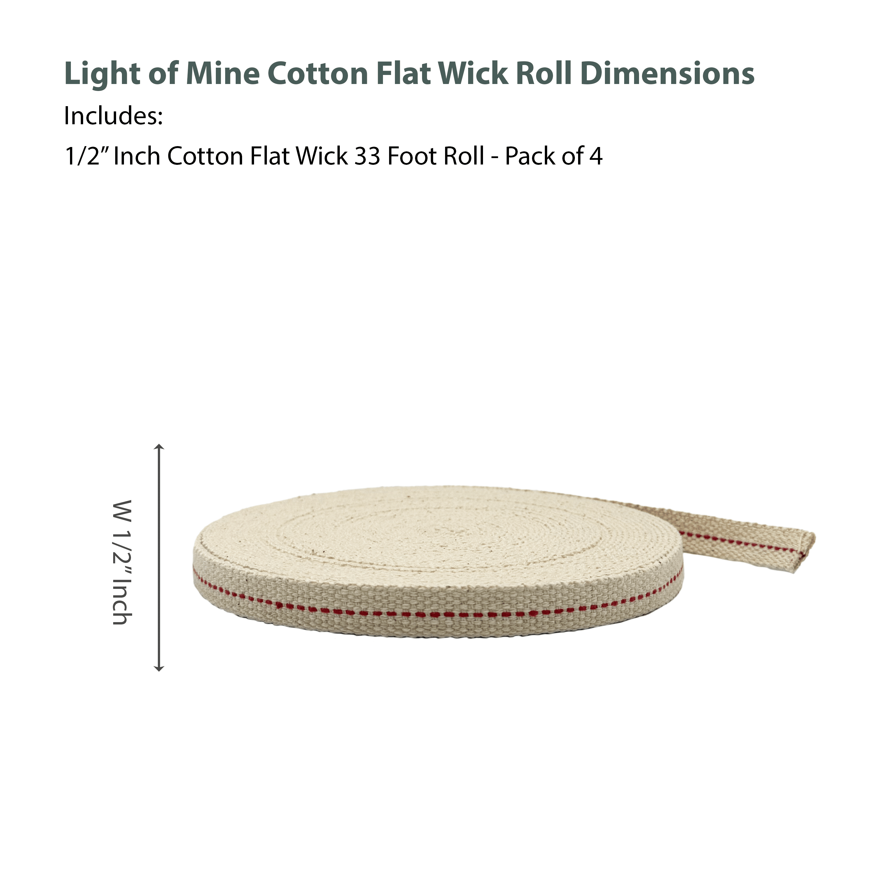 Light of Mine: 1/2" Inch 33' Foot, 100% Cotton Flat Wick - 4 Pack for Paraffin Oil, Kerosene Based Lanterns, and Oil Lamps with Genuine Red Stitch