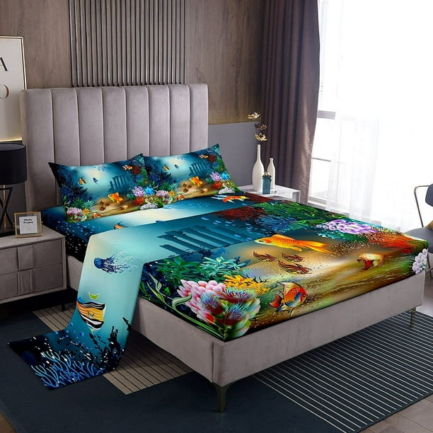 Kids Sheet Set Twin Cartoon Ocean Fish Bed Sheets Ocean Marine