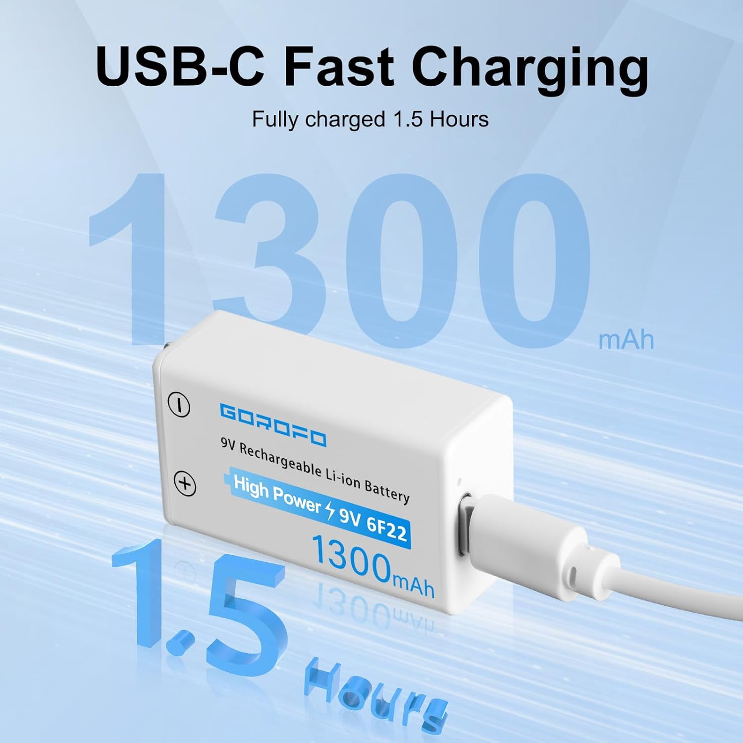 USB-C Rechargeable 9V Li-ion Batteries (5-Pack) - 2-Hour Quick Charge for Smoke Detectors, Guitar Pedals, Multimeters Includes 2-in-1 Charging Cable