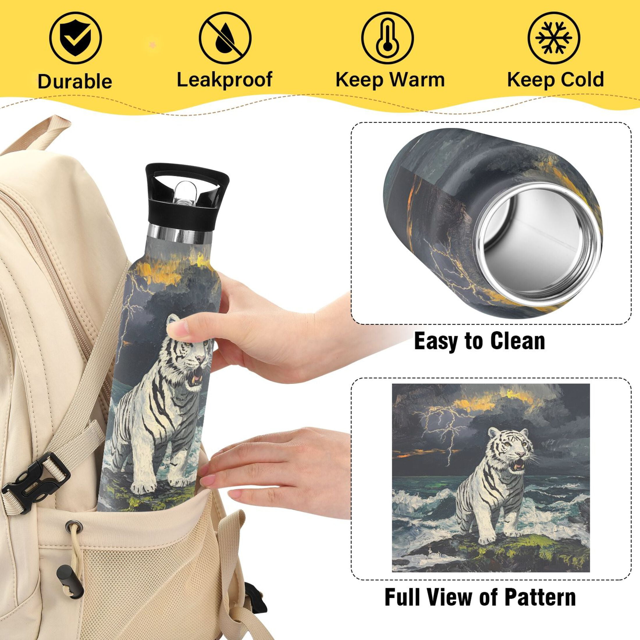 600ML Stainless Steel Insulated Cup Sports Water Bottle Portable Thermos Cup Water Glasses Insulated Tumblers Convenient and Durable White Tiger