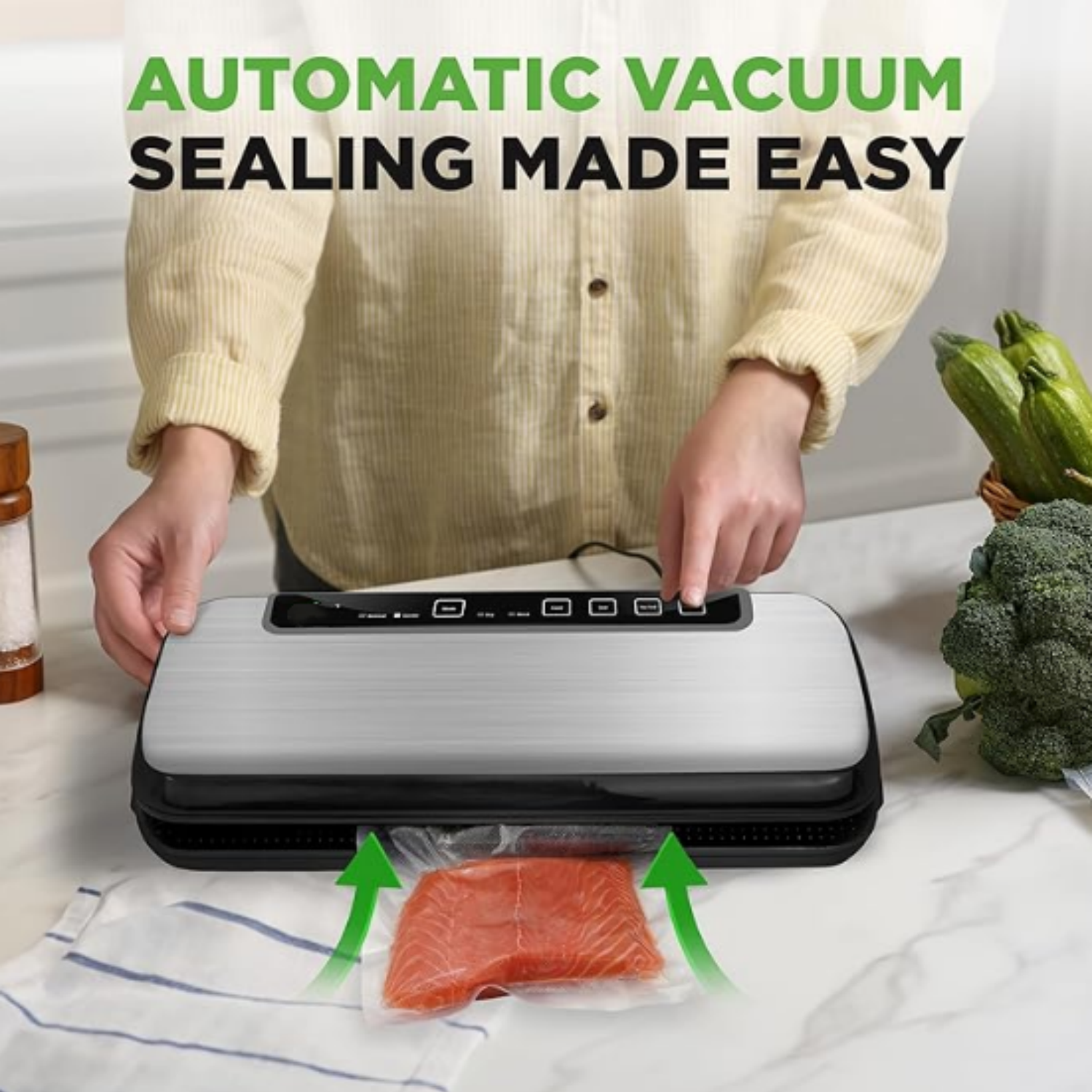 Food Vacuum Sealer Machine, Stainless Steel Automatic Air Sealing System for Dry/Moist Foods, LED Touch Controls, Includes Vacuum Hose, Bag Roll and Wine Stopper, 110W Suction Power, 14"x6"