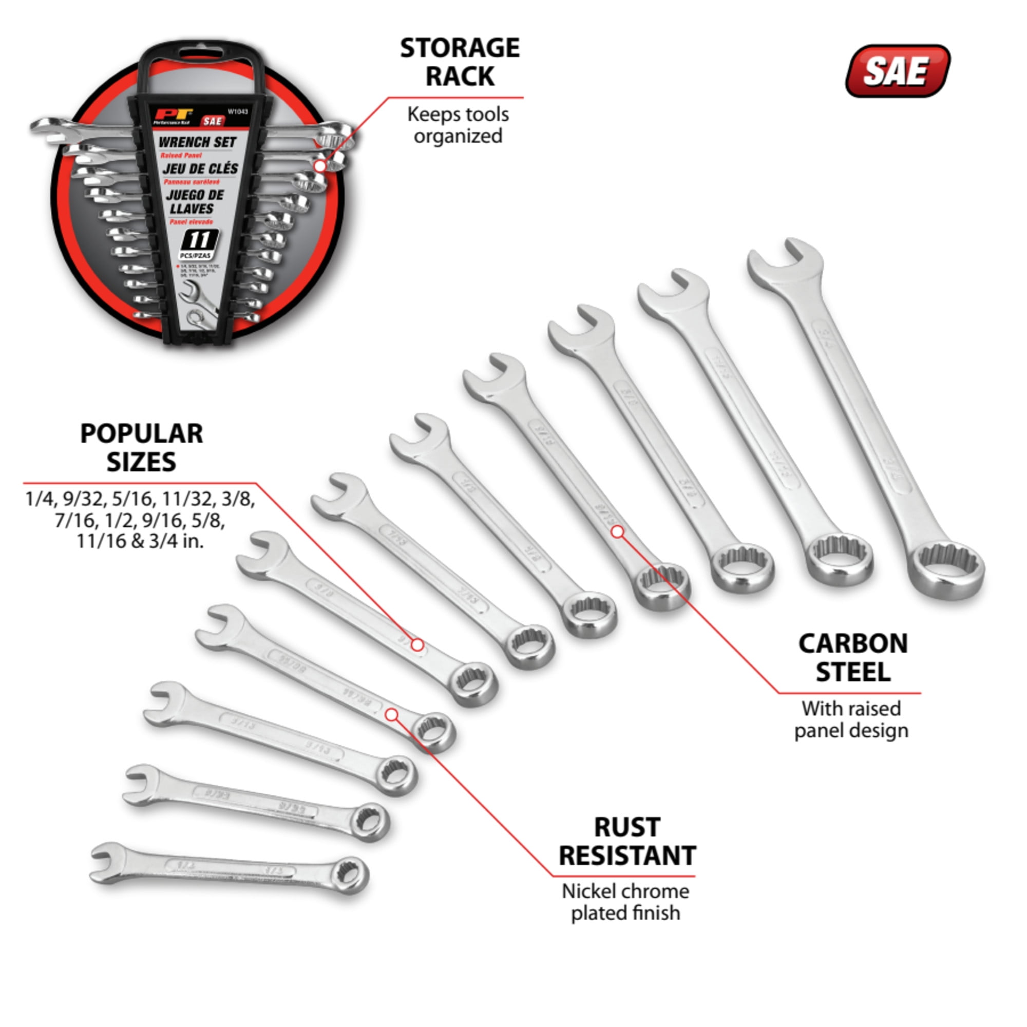 Performance Tool W1042 11 Pc. SAE Wrench Set - Nickel Chrome-Plated, Carbon Steel, Storage Rack