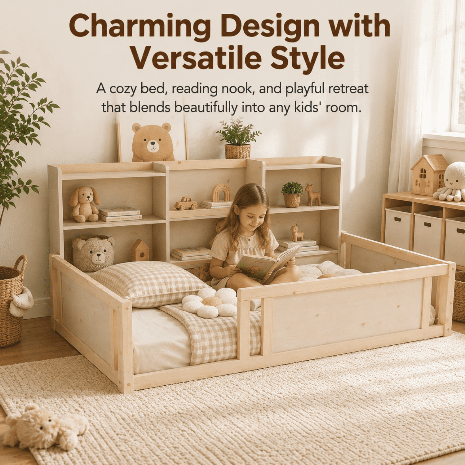 Miniyam Twin Size Floor Bed, Kids Bed Frame with Guardrails and 6 Built-In Side Storage Shelves, Natural