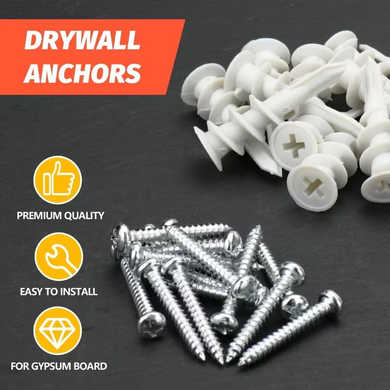 100-Piece Self-Drilling Drywall Anchors and Screws Kit - 50 Plastic Plaster Anchors & 50 #8 X 1-1/4'' Screws for 75LB Weight Capacity