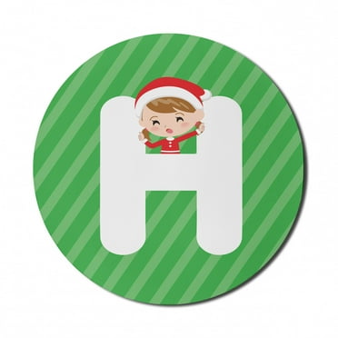Christmas Alphabet Mouse Pad for Computers, Letter H and a Young Child in a Santa Hat Striped Background, Round Non-Slip Thick Rubber Modern Mousepad, 8" Round, Green Dark Coral White, by Ambesonne
