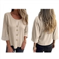 thumbnail image 2 of Blusas de para Mujer, Cuello en V, Mangas 3/4, Abotonadas, Sueltas, Informales, Lisas, Tipo Túnica. Albaricoque XXXL, 2 of 6