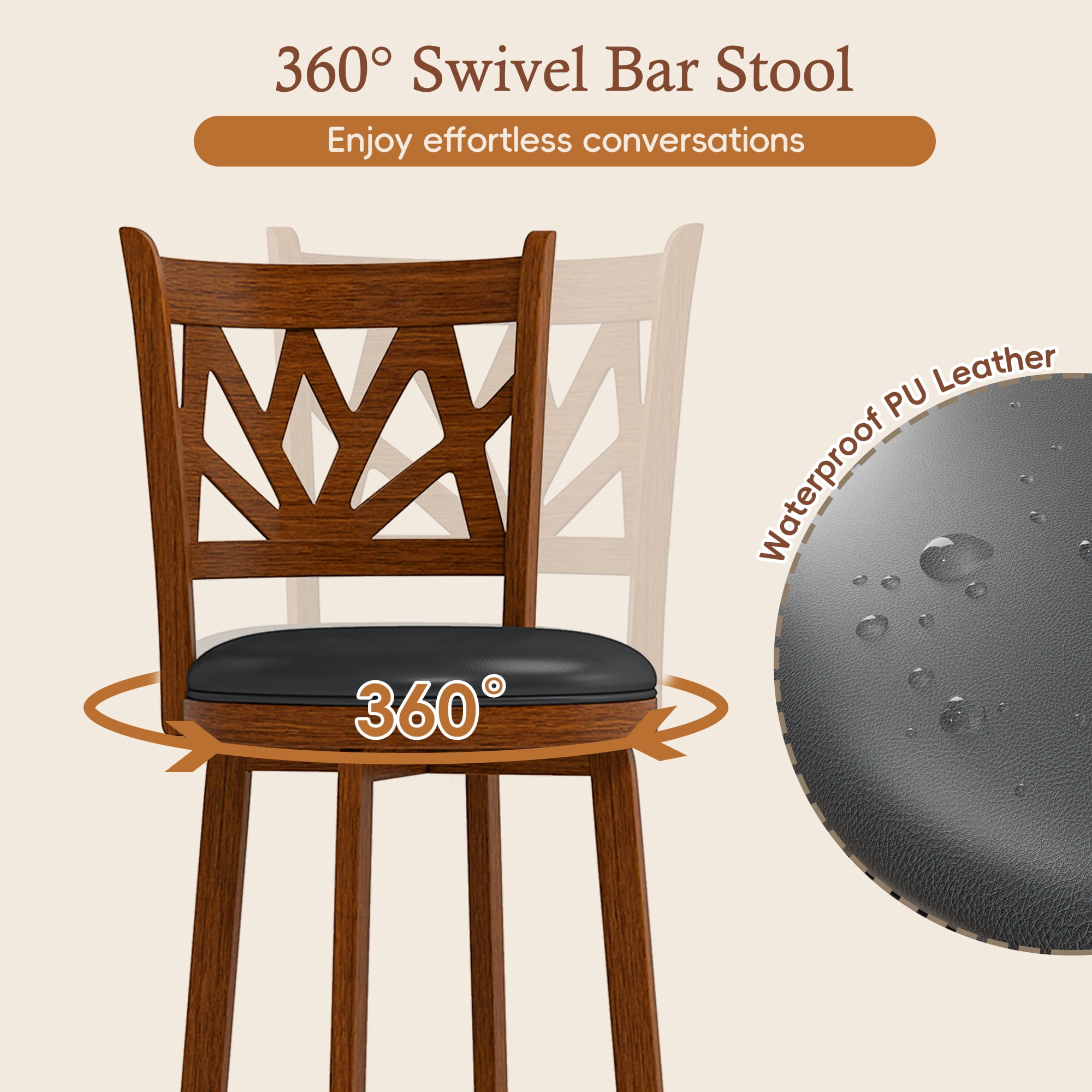 Joywind Farmhouse Swivel Bar Stools Set of 2, 30" Carved Lotus Barstools, Faux Leather Upholstered Bar Chairs with Solid Footrest & Wood Legs, Rustic Brown