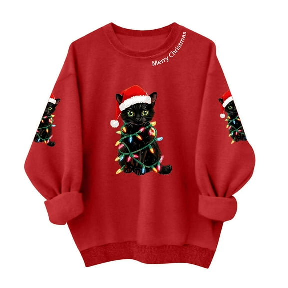 Uootdi Christmas Long Sleeve for Gift Women Matching Christmas Sweater for Family Christmas Cat Merry Christmas Xmas Tree Chris tmas Lights Sets