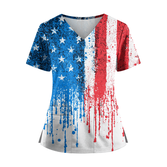 Women 250 Anniversary Scrub Shirt American Flag Print 4th Of July Patriotic Star Short Sleeve Shirts V Neck Regular Fit Daily Wear Nursing Uniforms with Pockets, #01 White, XXL