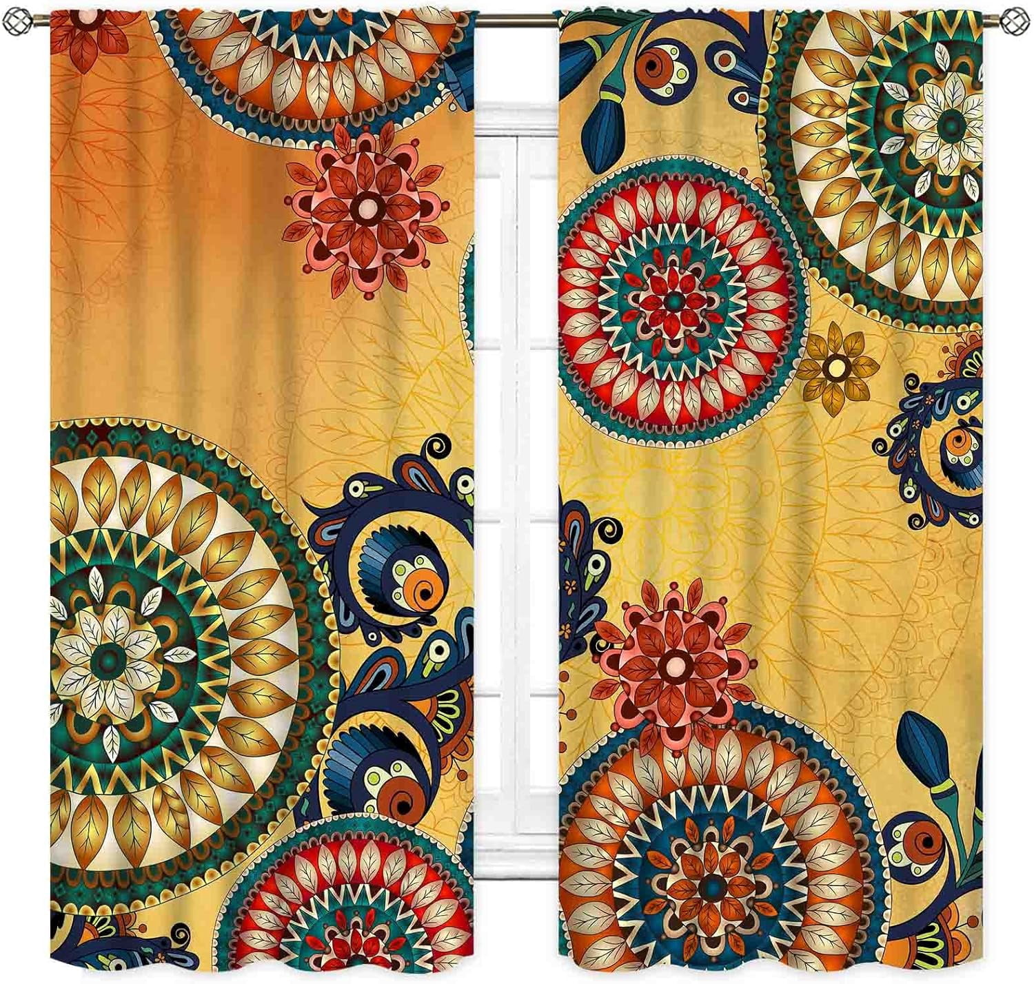 Mandala Curtains, Boho Retro Vintage Paisley Mandala Indian Print Bohemian Traditional Blackout Window Curtains for Living Room Bedroom Kitchen Bathroom 2 Panels, 84"x63" Inch