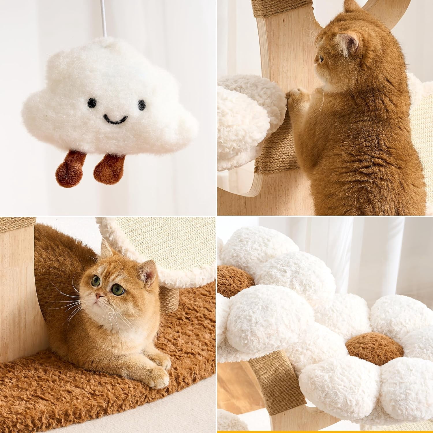 Modern Cat Tree Tower for Indoor Cats Large Adult, 37 inch Flower Cat Tree with Scratching Post, Luxury Aesthetic Cat Tree with Cloud-Soft Flower Perches and Physical Mouse-Sound Hanging Toy