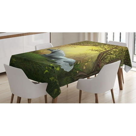 

Unicorn Tablecloth Enchanted Forest Fantasy Magical Willow Trees Wildflowers Woodland Animal Folklore Rectangular Table Cover for Dining Room Kitchen 52 X 70 Inches Green White by Ambesonne
