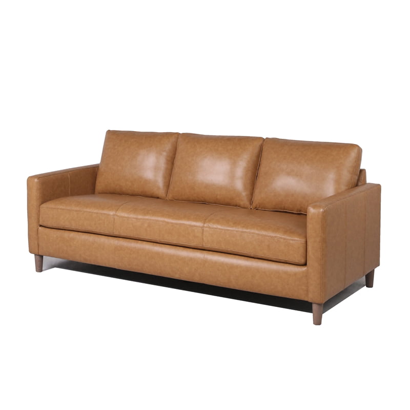 Maklaine Leather Sofa In Caramel, Small Scale Leather Sofa