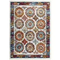 Entourage Odile Distressed Floral Moroccan Trellis 5x8 Area Rug Ivory Blue Red Orange Yellow