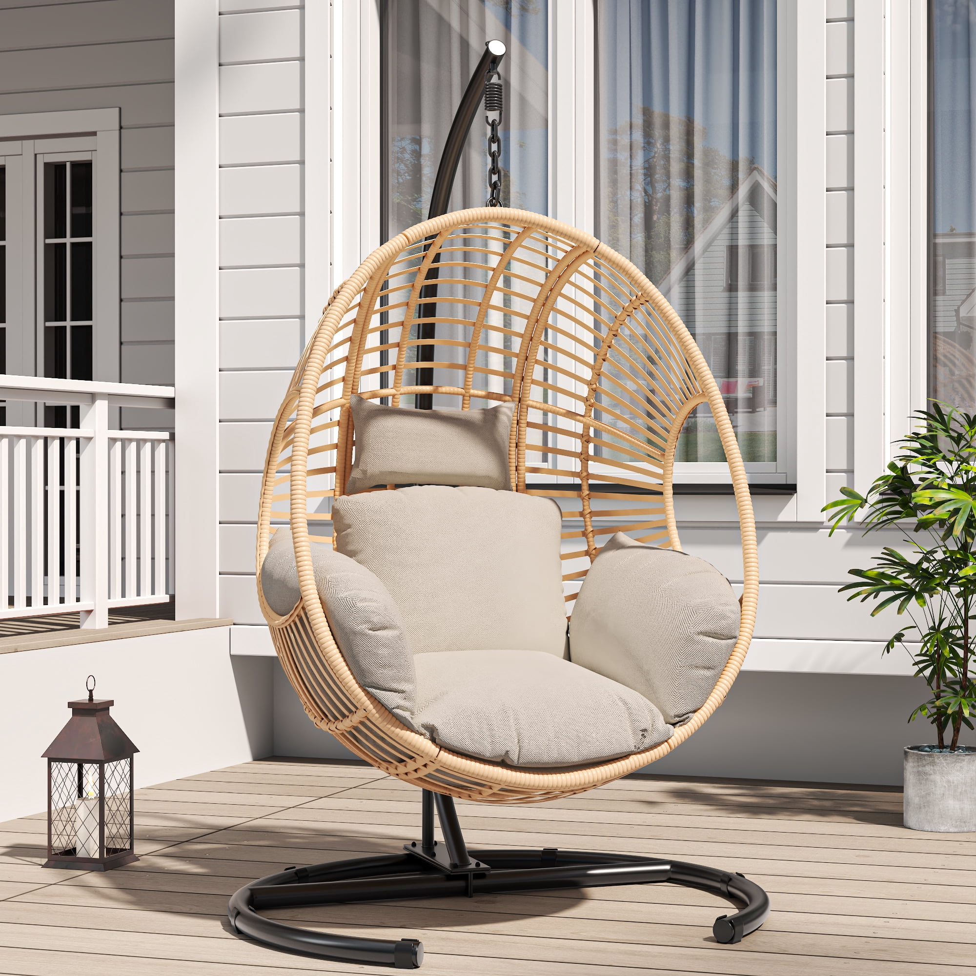 Extra Wide Hanging Egg Chair with U Base & Stand, 400 lb Capacity Patio Swing Chair with 8-Inch Thick Cushion, Weatherproof PE Rattan + Waterproof Cover for Garden, Natural