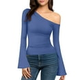 thumbnail image 3 of Zedker Womens 2025 Fall Fashion Long Sleeve Shirts for Women Double Lined Casual Slim Fitted Off The Shoulder Tops Blue L, 3 of 10