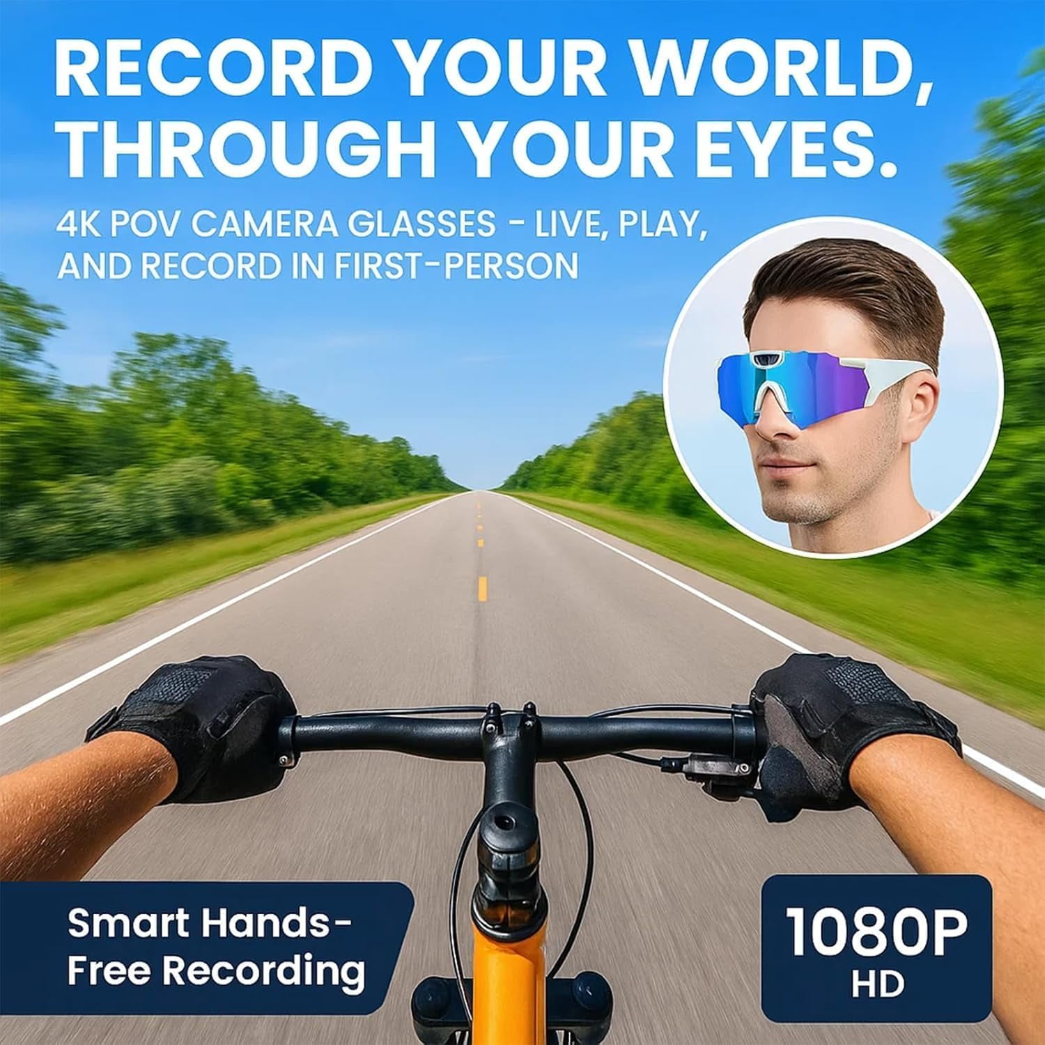 Wiher Smart Camera Glasses, 4k POV Sports Glasses HD Recording Video, Cycling Action Sunglasses, Wearable Audio Take a Picture Wireless Photography Shooting VCR，Suitable for Men and Women(Color)